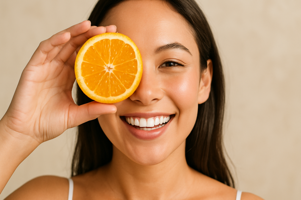 Mulher jovem sorridente com pele saudável segurando uma metade de laranja na frente do olho, simbolizando o papel da alimentação na beleza da pele.