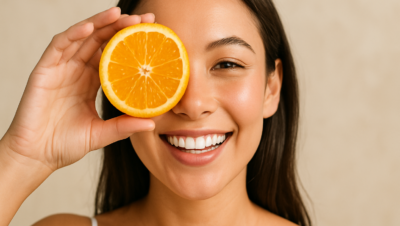 Mulher jovem sorridente com pele saudável segurando uma metade de laranja na frente do olho, simbolizando o papel da alimentação na beleza da pele.